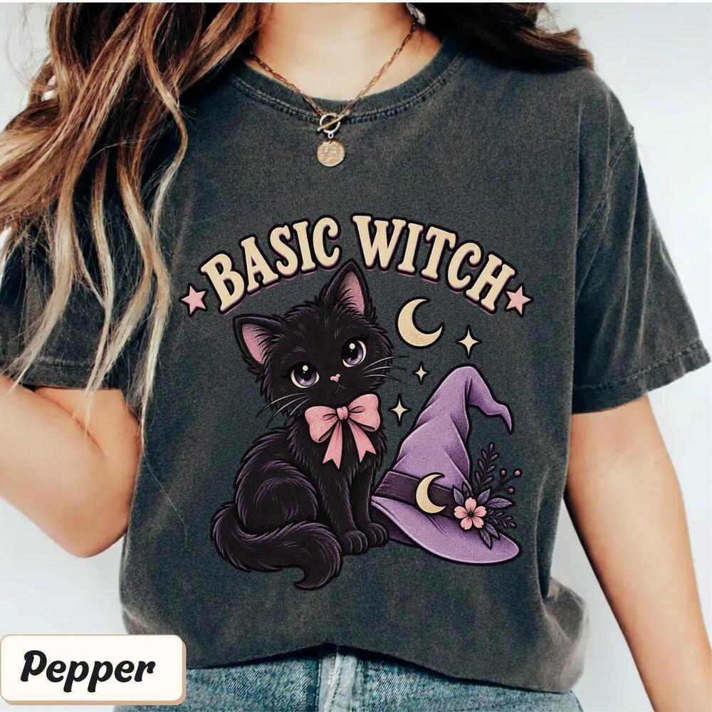 Basic Witch Black Cat Shirt, Cute Halloween Cat Shirt, Witchy Cat S Tee